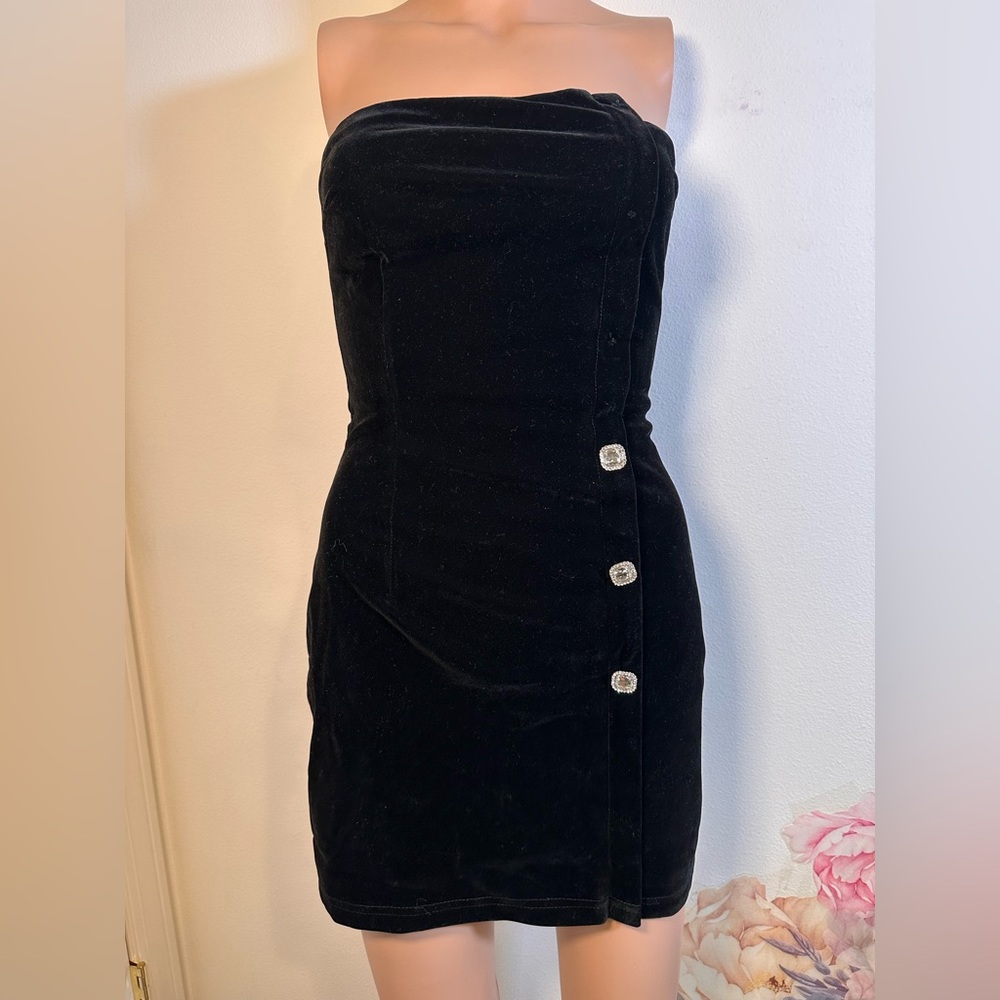 superdown Veronica Mini Dress in Black velvet strapless diamond buttons